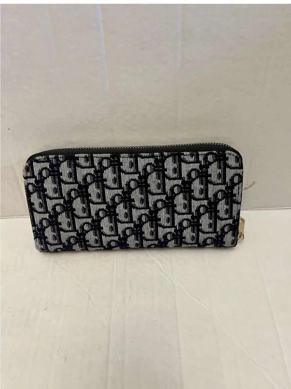 Dior Navy and Cream Jacquard Zip Wallet with Gold Logo